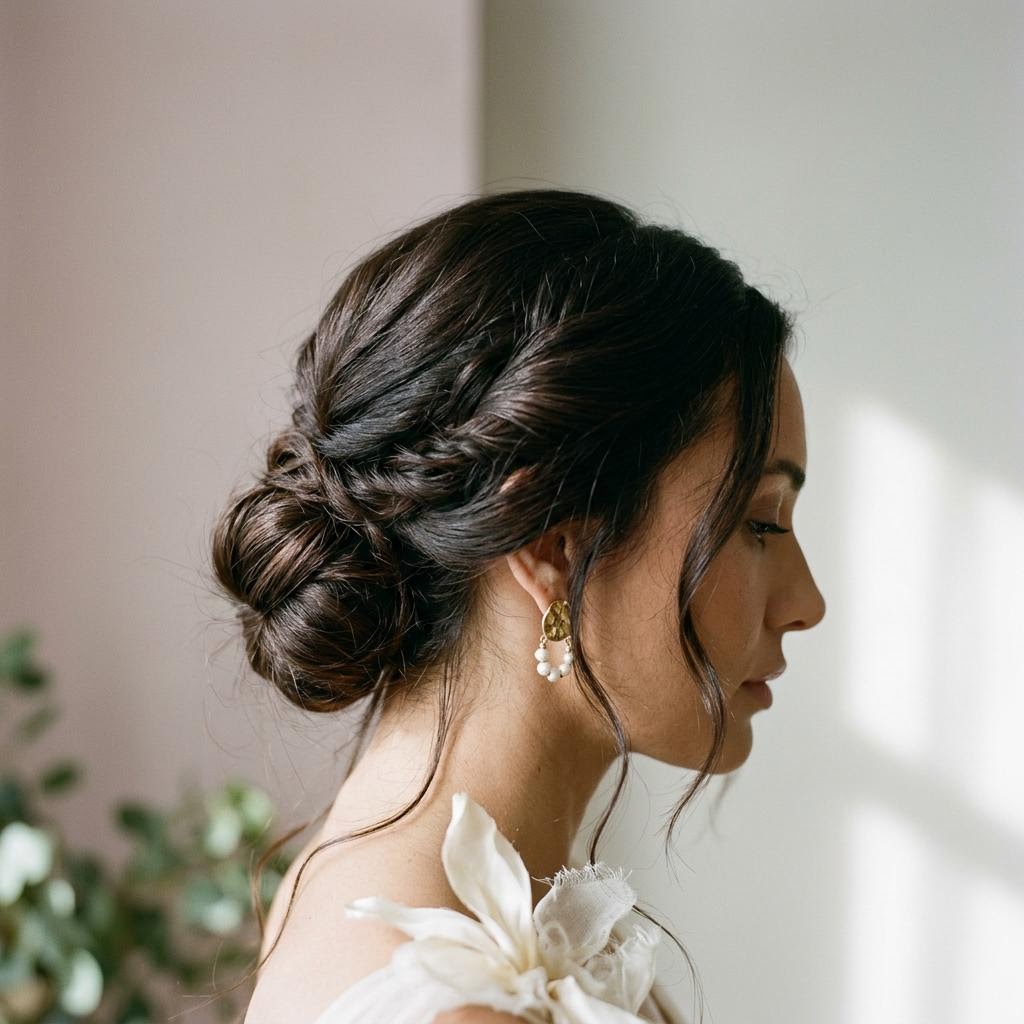 Conceptual bridal hair editorial showing a softly styled low chignon