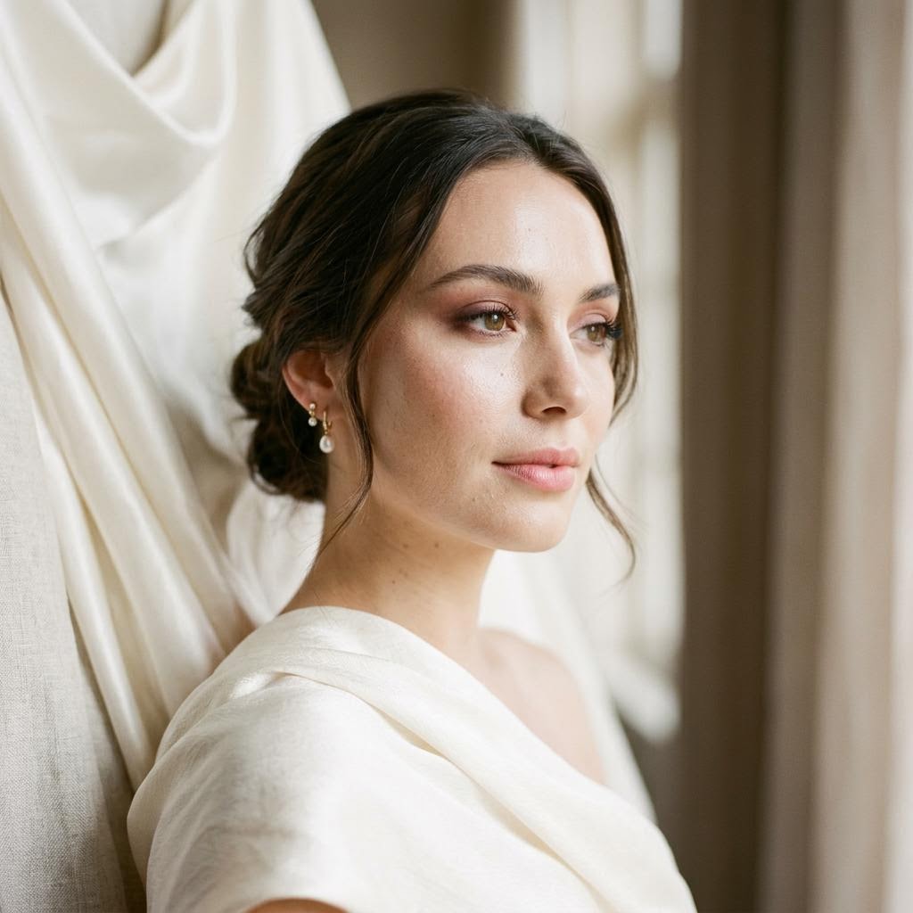 Conceptual bridal makeup editorial portrait in warm window light